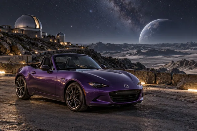 AI-generated violet open-top roadster in Selene. A quiet moon with long views into open space.