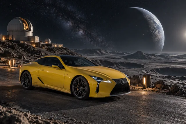 AI-generated yellow performance coupe in Selene. A quiet moon with long views into open space.