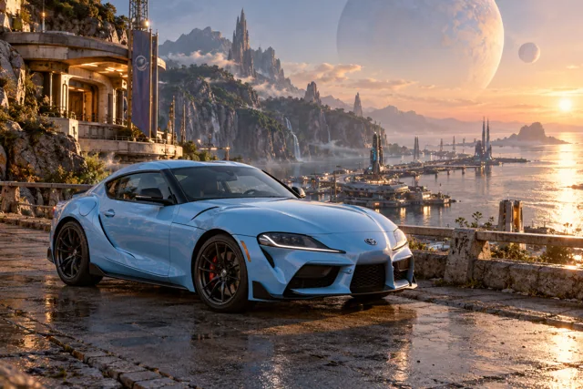 AI-generated baby blue sports coupe in Starhaven. A port at the boundary between worlds.