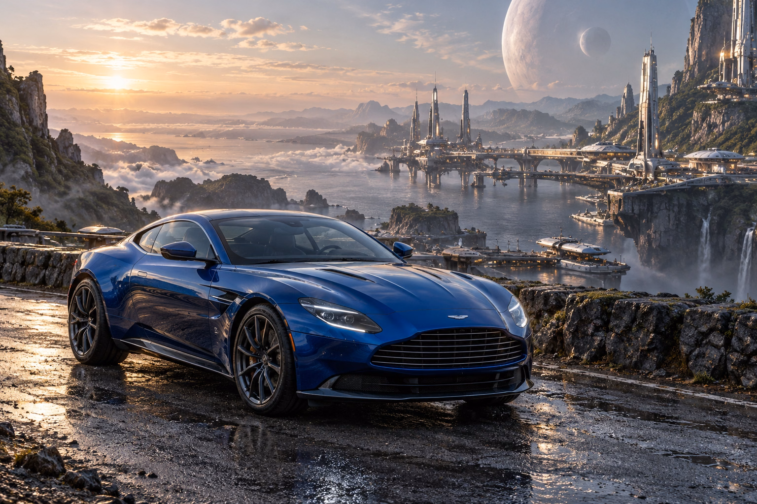 AI-generated blue grand touring coupe in Starhaven. A port at the boundary between worlds.