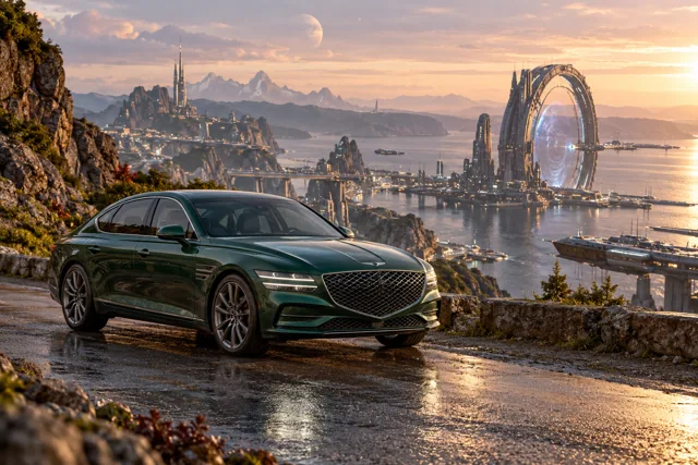 AI-generated green luxury sedan in Starhaven. A port at the boundary between worlds.