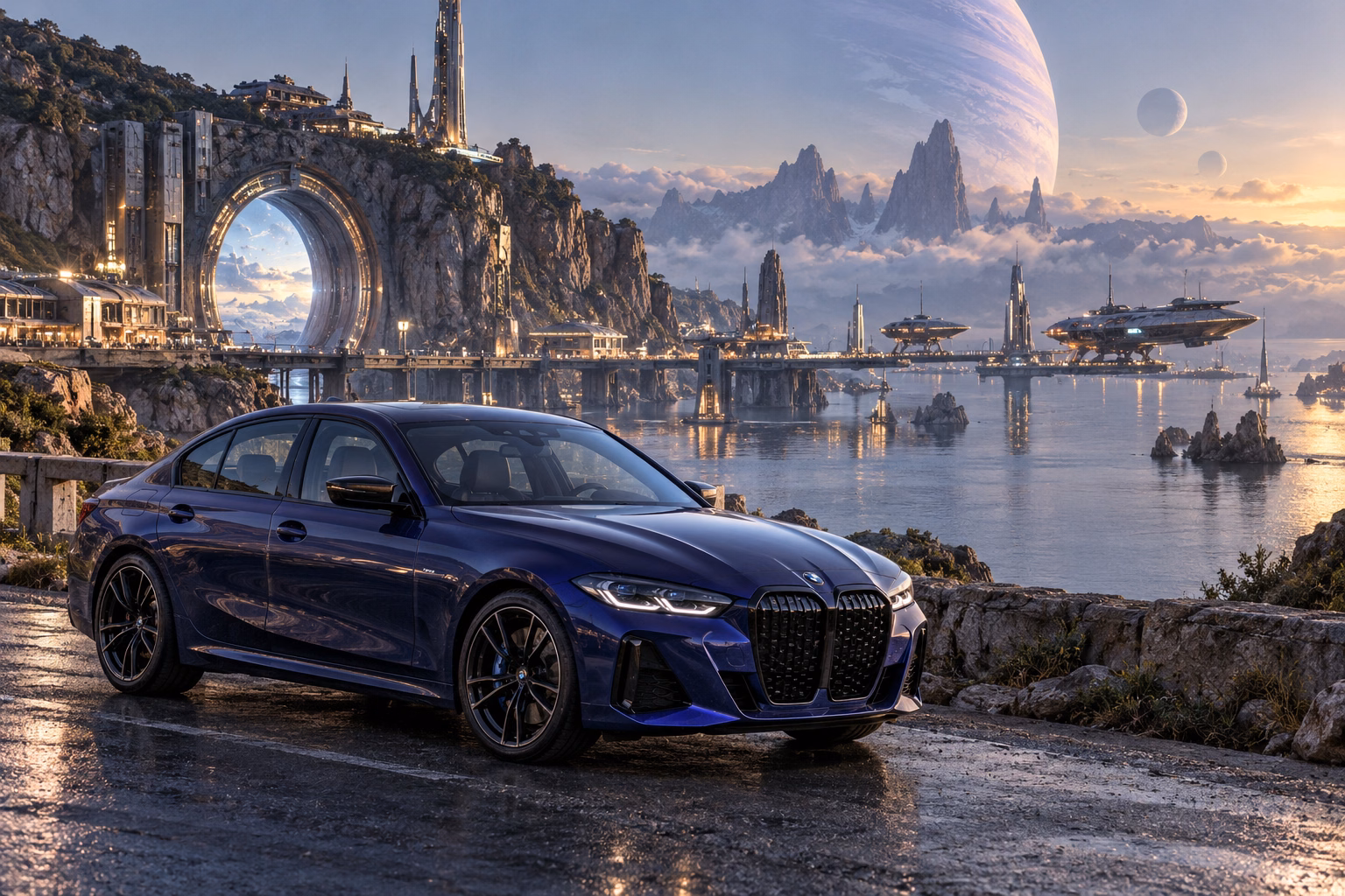 AI-generated indigo sports sedan in Starhaven. A port at the boundary between worlds.