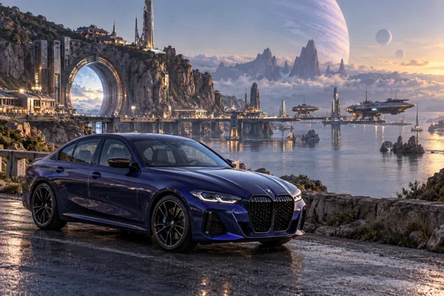 AI-generated indigo sports sedan in Starhaven. A port at the boundary between worlds.