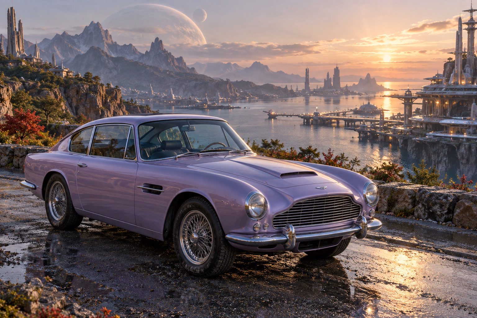 AI-generated lavender classic luxury coupe in Starhaven. A port at the boundary between worlds.