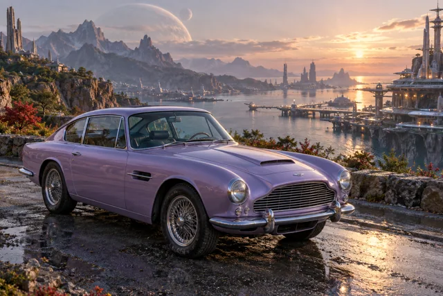 AI-generated lavender classic luxury coupe in Starhaven. A port at the boundary between worlds.