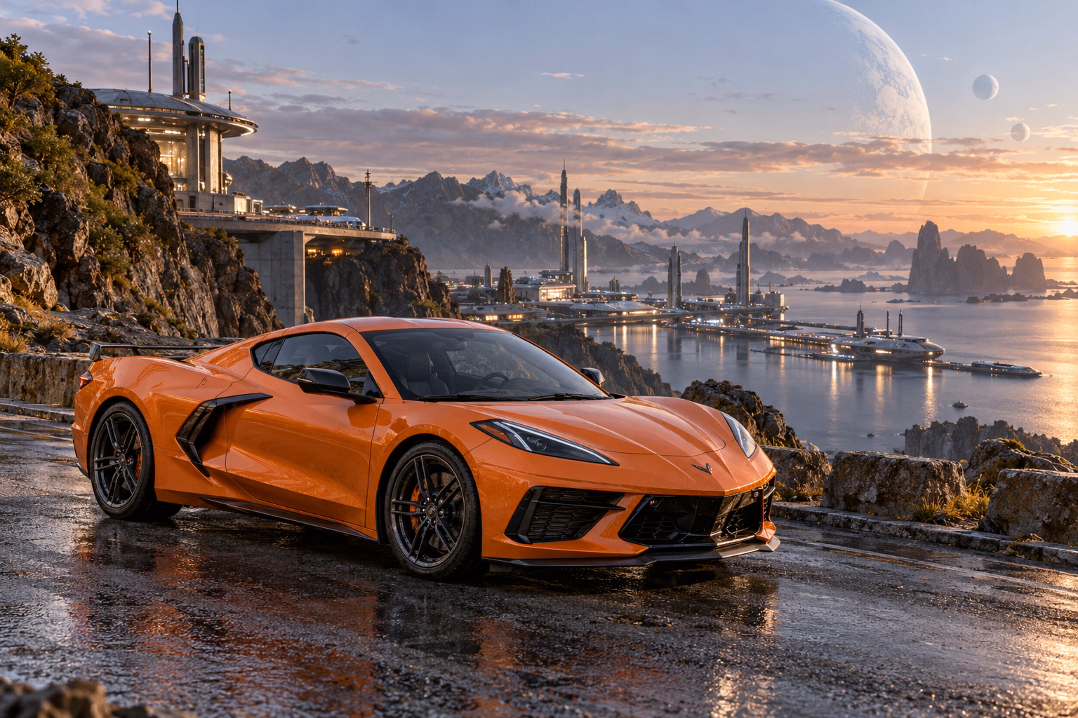 AI-generated orange mid-engine sports coupe in Starhaven. A port at the boundary between worlds.