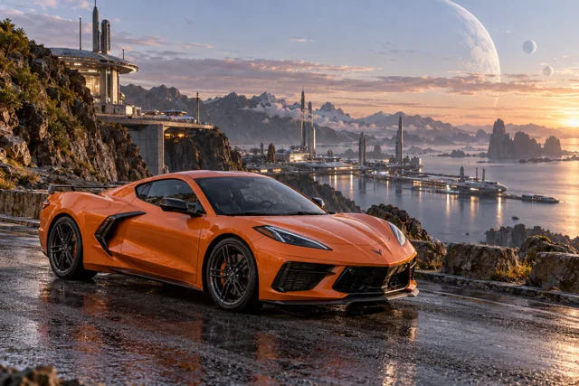 AI-generated orange mid-engine sports coupe in Starhaven. A port at the boundary between worlds.