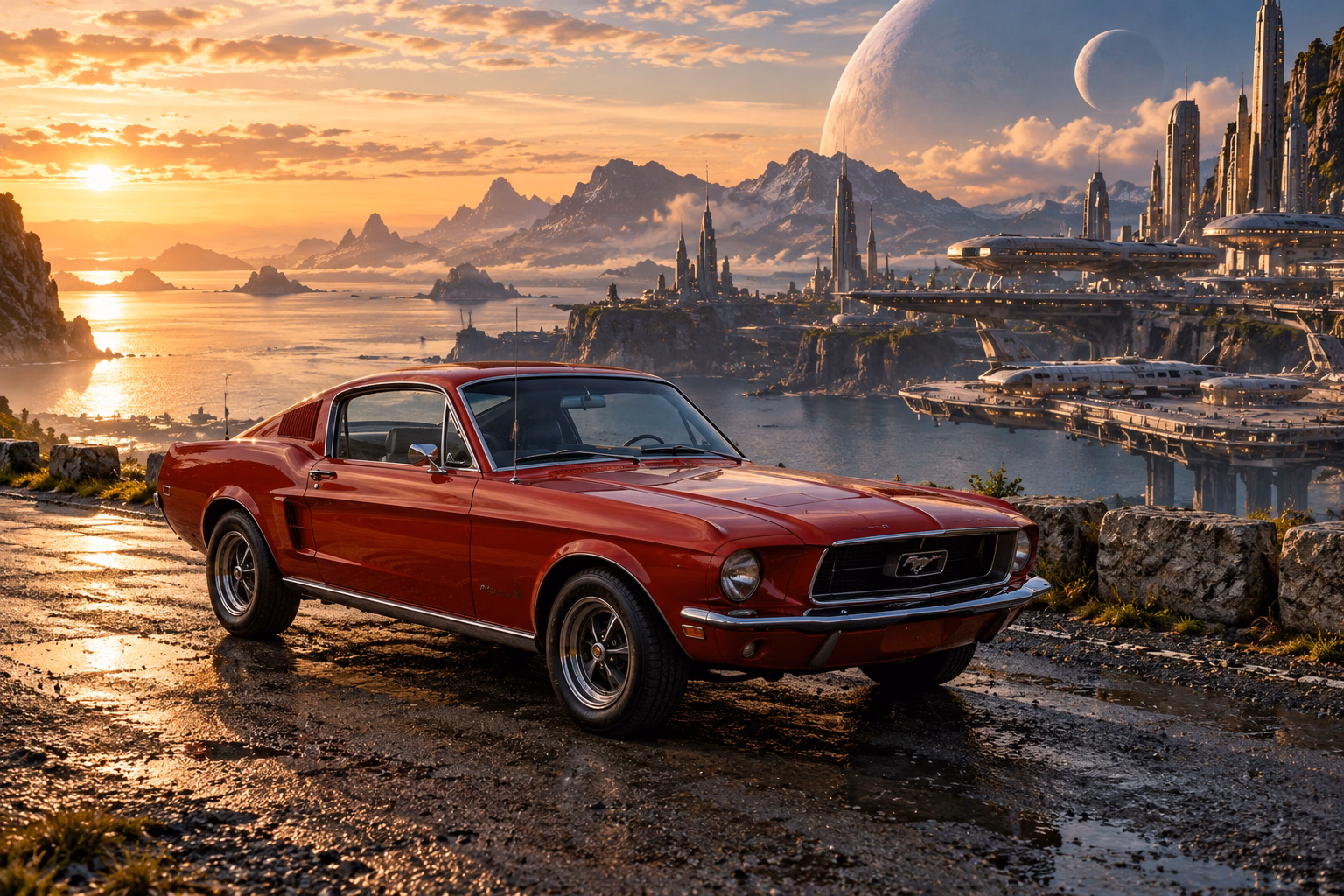 AI-generated red classic fastback in Starhaven. A port at the boundary between worlds.