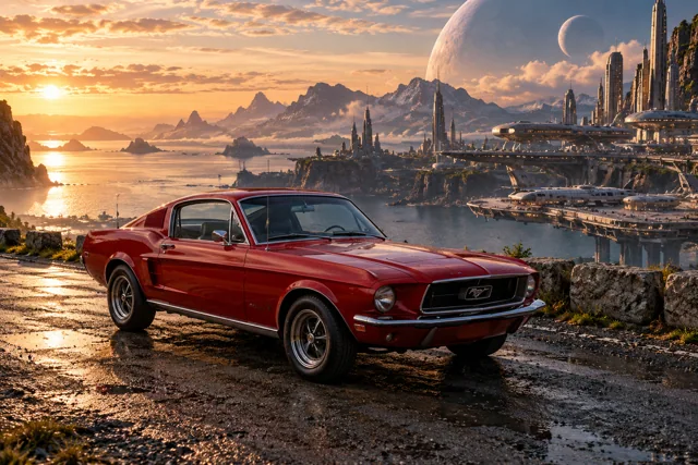 AI-generated red classic fastback in Starhaven. A port at the boundary between worlds.