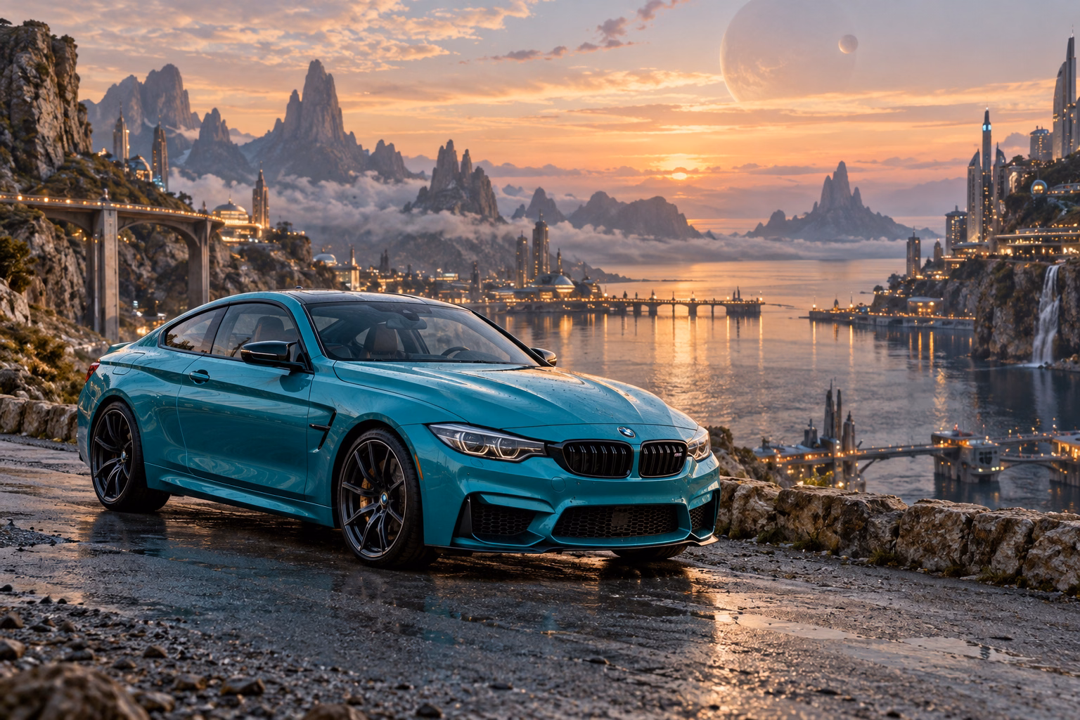 AI-generated turquoise performance touring coupe in Starhaven. A port at the boundary between worlds.