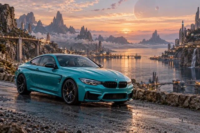 AI-generated turquoise performance touring coupe in Starhaven. A port at the boundary between worlds.