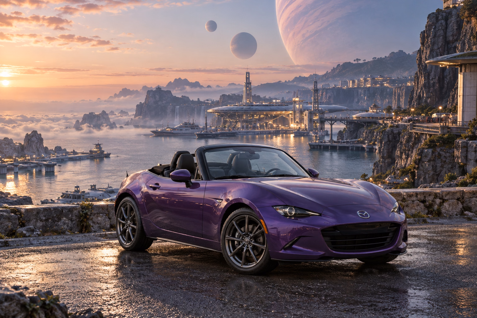 AI-generated violet open-top roadster in Starhaven. A port at the boundary between worlds.