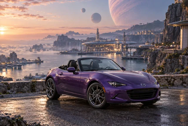 AI-generated violet open-top roadster in Starhaven. A port at the boundary between worlds.