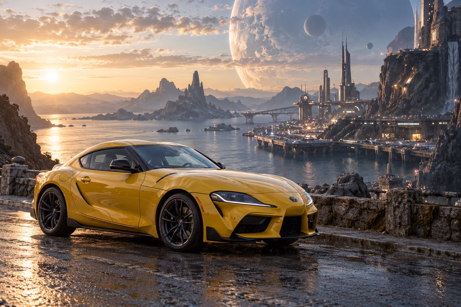 AI-generated yellow performance coupe in Starhaven. A port at the boundary between worlds.