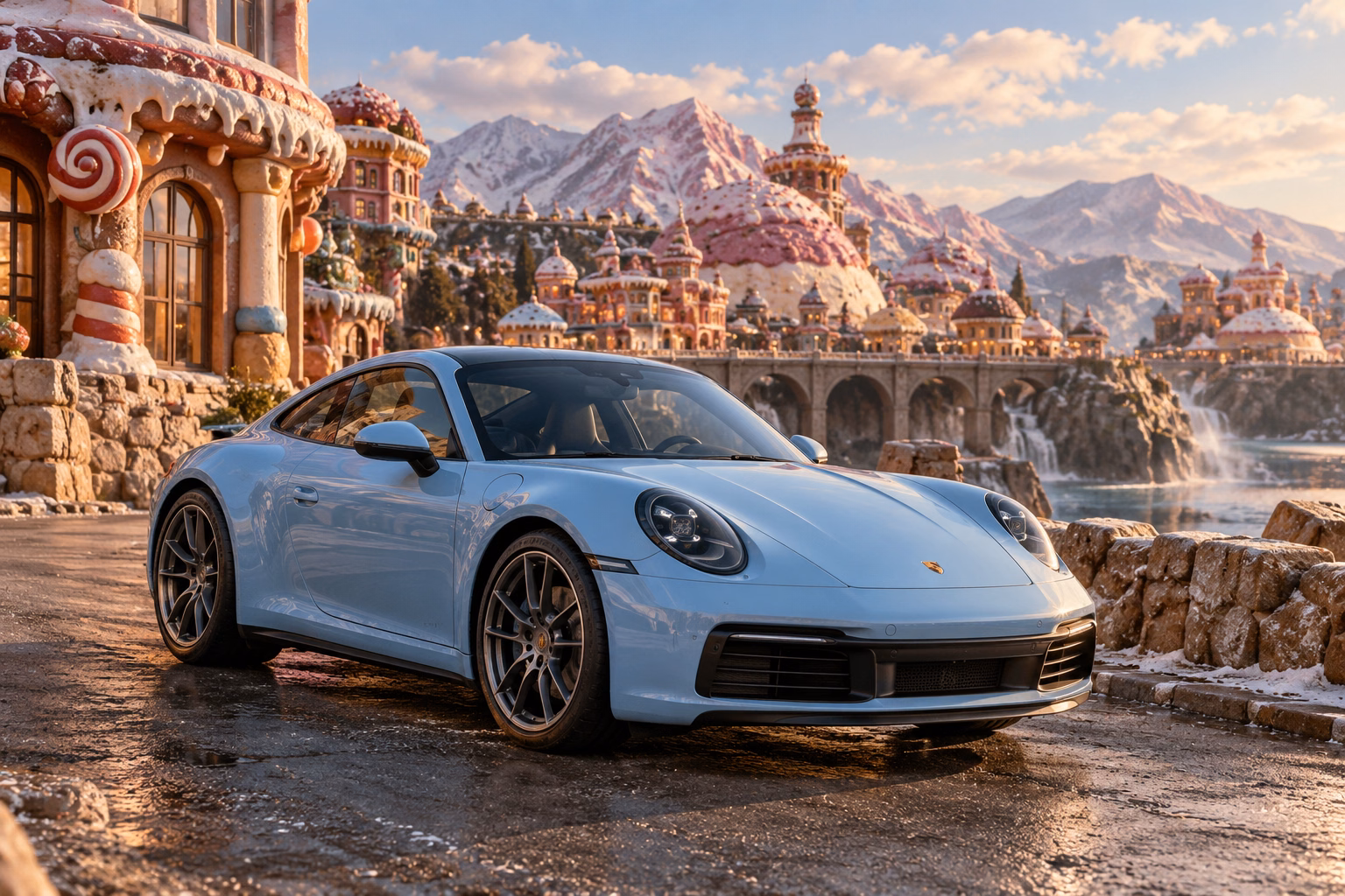 AI-generated baby blue sports coupe in Sugarwake. A playful world built from improbably sweet-looking forms.