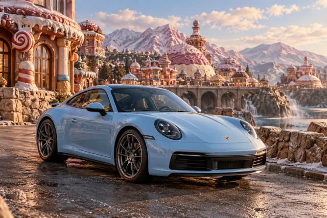 AI-generated baby blue sports coupe in Sugarwake. A playful world built from improbably sweet-looking forms.