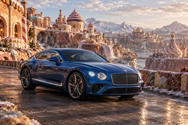 AI-generated blue grand touring coupe in Sugarwake. A playful world built from improbably sweet-looking forms.