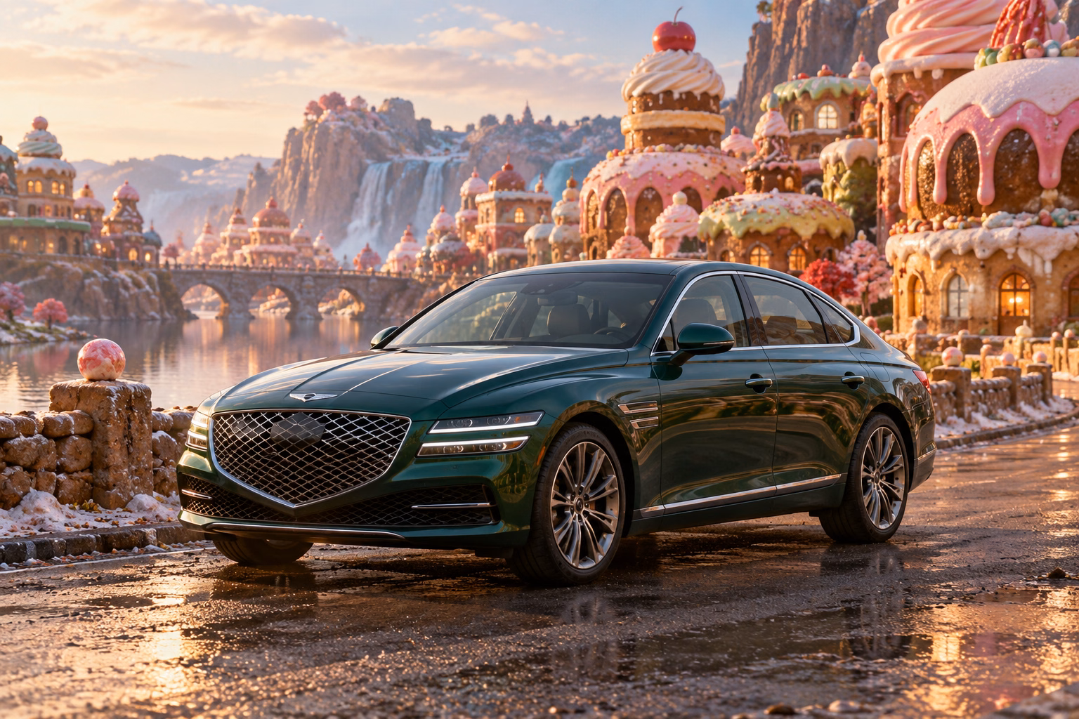 AI-generated green luxury sedan in Sugarwake. A playful world built from improbably sweet-looking forms.