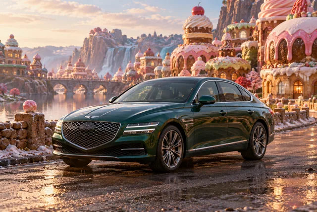AI-generated green luxury sedan in Sugarwake. A playful world built from improbably sweet-looking forms.