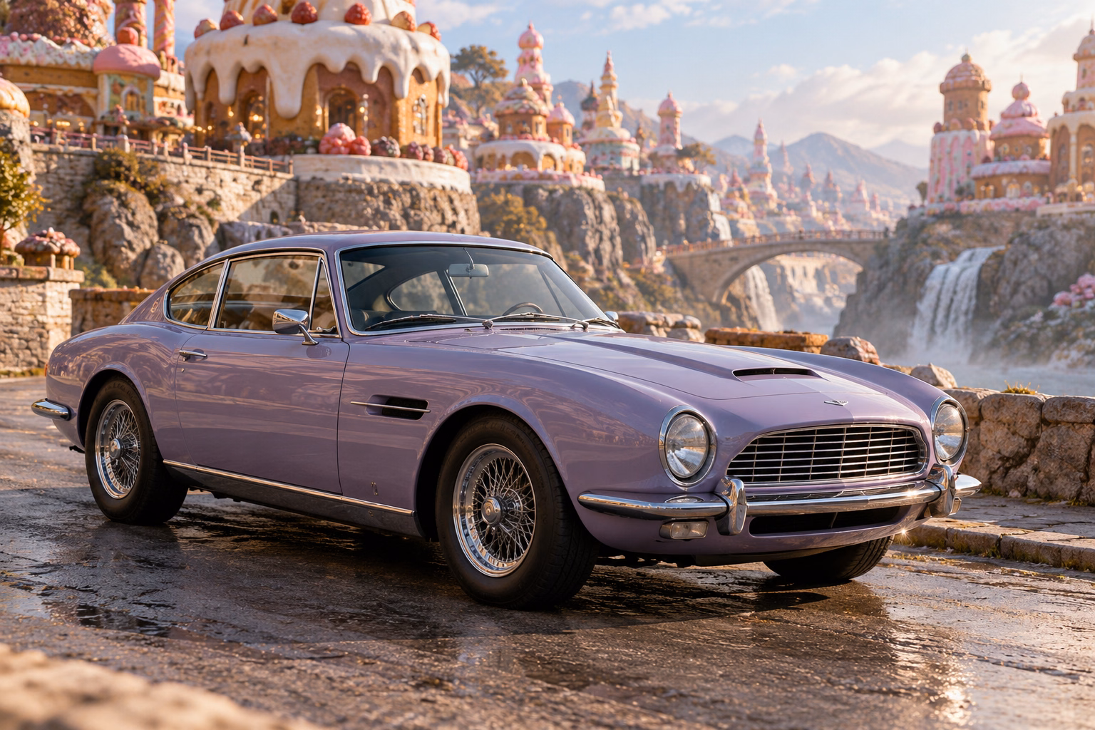 AI-generated lavender classic luxury coupe in Sugarwake. A playful world built from improbably sweet-looking forms.