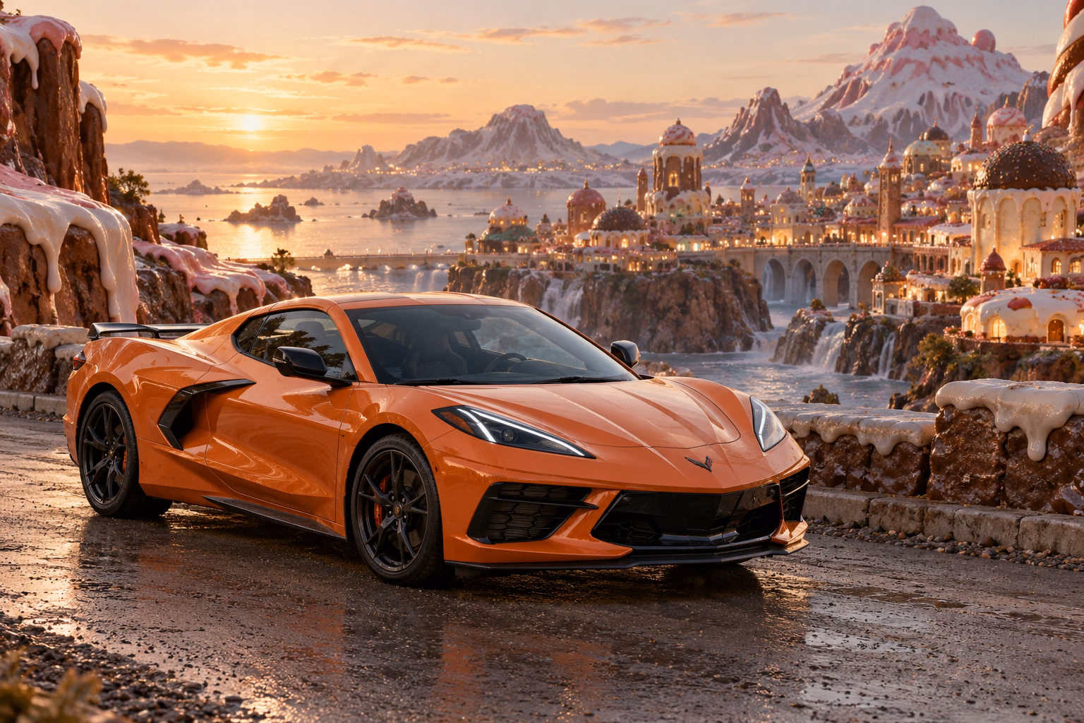 AI-generated orange mid-engine sports coupe in Sugarwake. A playful world built from improbably sweet-looking forms.