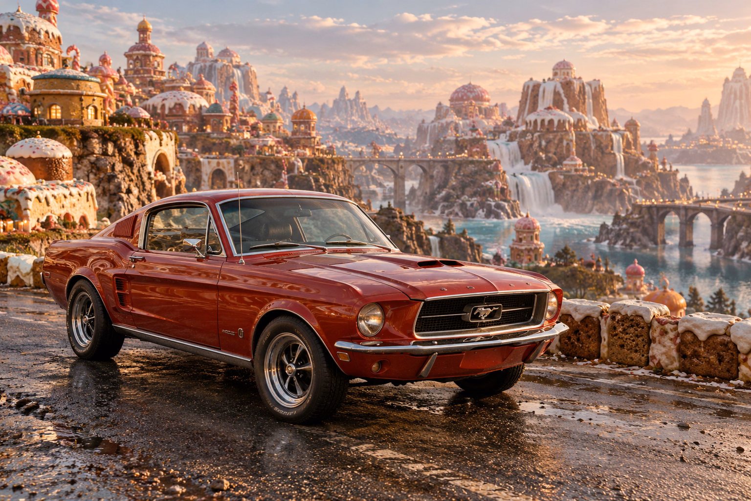 AI-generated red classic fastback in Sugarwake. A playful world built from improbably sweet-looking forms.