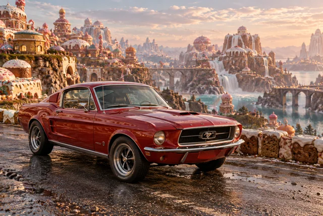 AI-generated red classic fastback in Sugarwake. A playful world built from improbably sweet-looking forms.