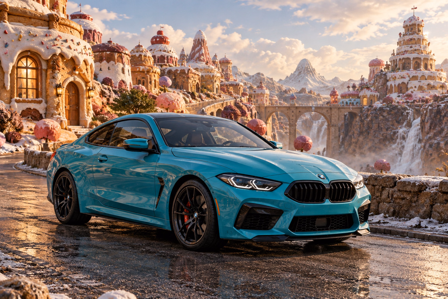 AI-generated turquoise performance touring coupe in Sugarwake. A playful world built from improbably sweet-looking forms.