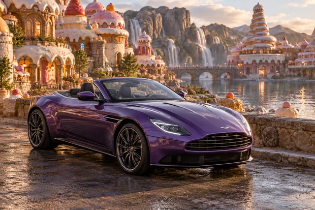 AI-generated violet open-top roadster in Sugarwake. A playful world built from improbably sweet-looking forms.