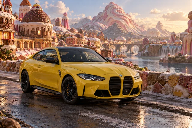 AI-generated yellow performance coupe in Sugarwake. A playful world built from improbably sweet-looking forms.