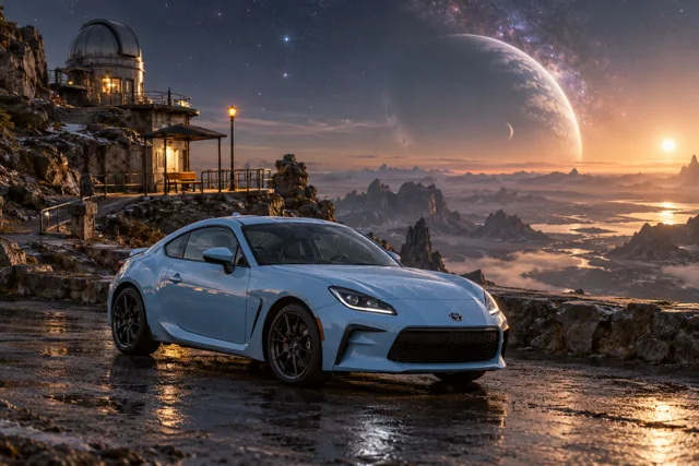 AI-generated baby blue sports coupe in The Last Light. A remote stop beneath a sky full of distant light.