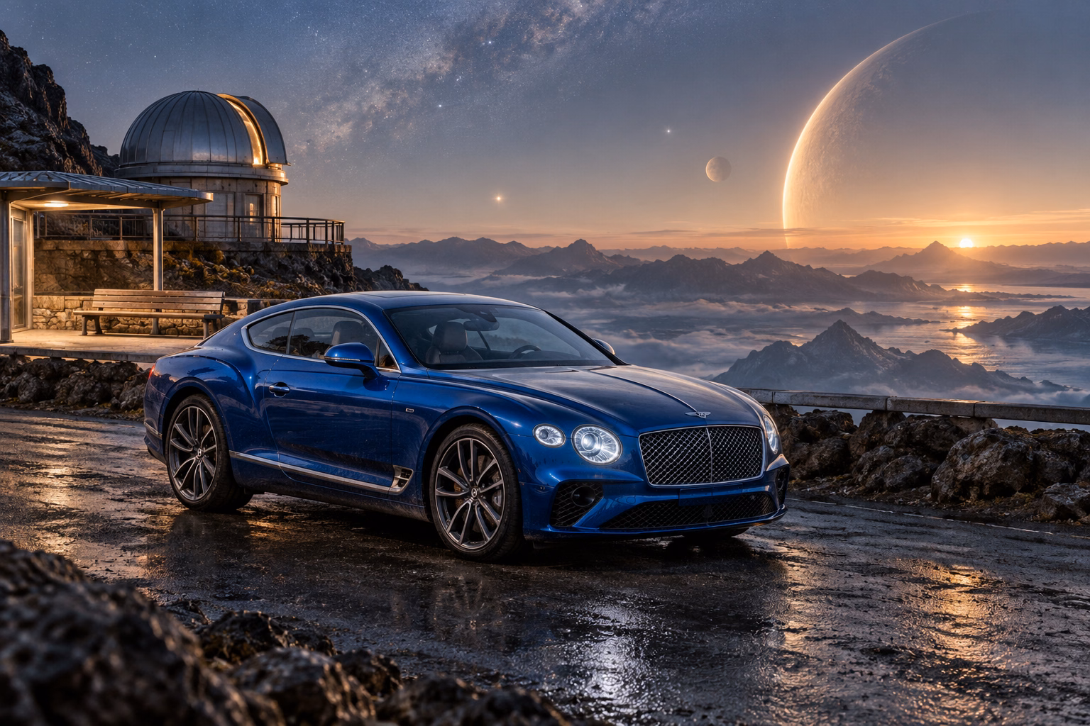 AI-generated blue grand touring coupe in The Last Light. A remote stop beneath a sky full of distant light.