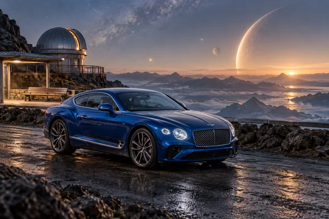 AI-generated blue grand touring coupe in The Last Light. A remote stop beneath a sky full of distant light.