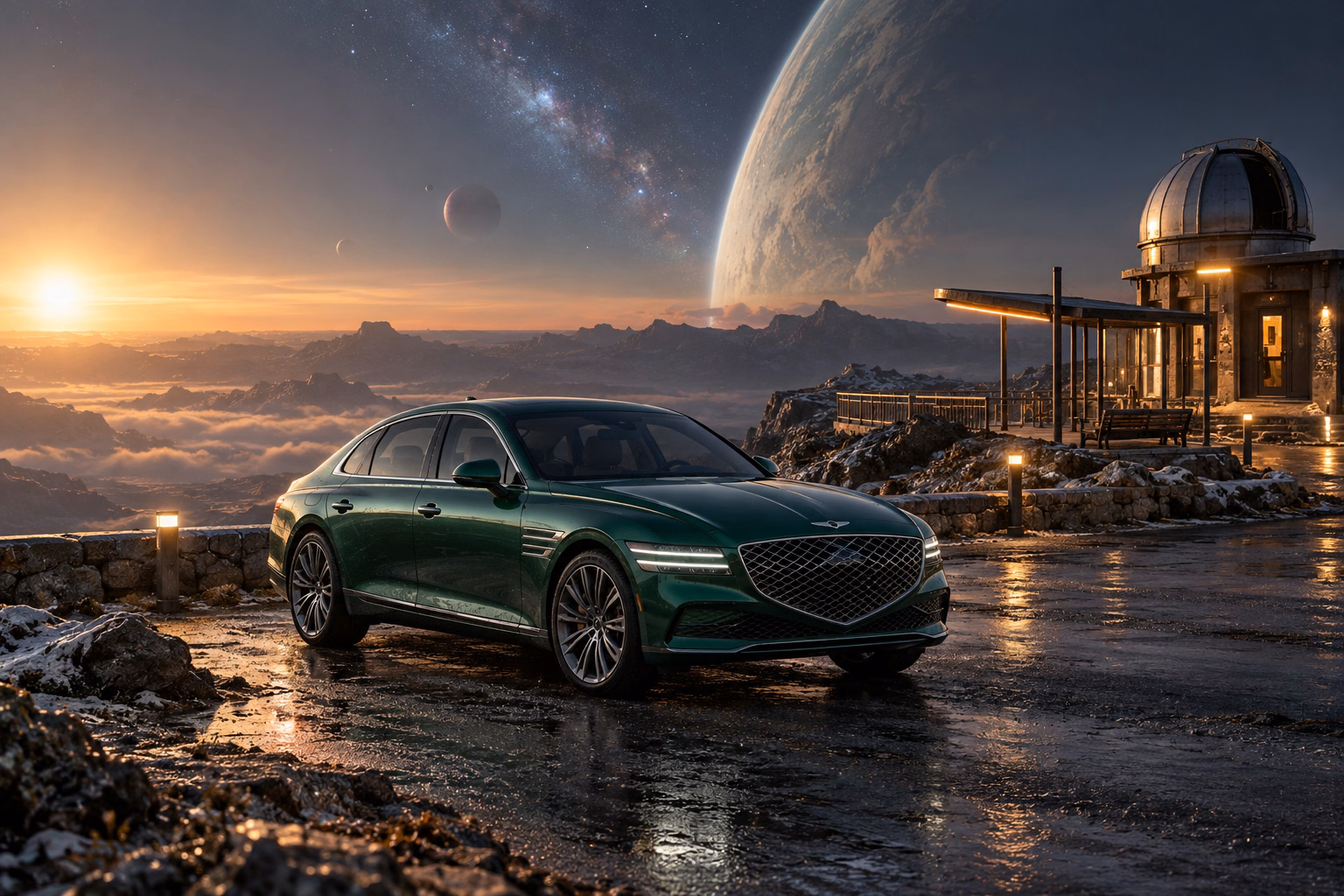 AI-generated green luxury sedan in The Last Light. A remote stop beneath a sky full of distant light.
