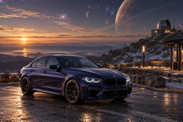 AI-generated indigo sports sedan in The Last Light. A remote stop beneath a sky full of distant light.