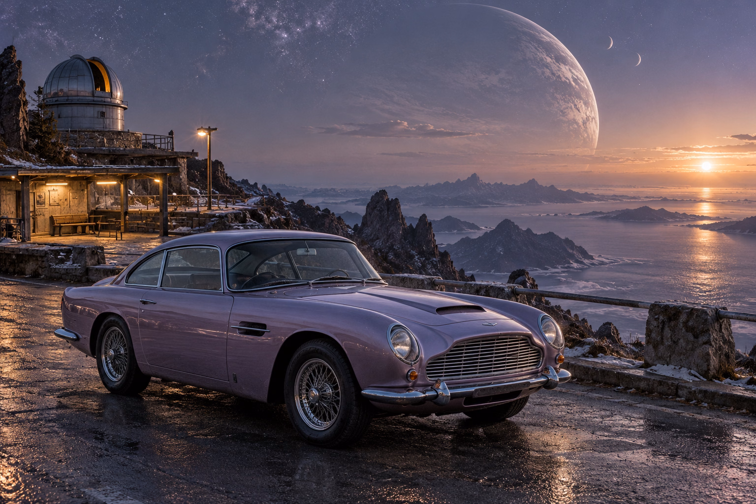 AI-generated lavender classic luxury coupe in The Last Light. A remote stop beneath a sky full of distant light.