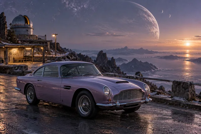 AI-generated lavender classic luxury coupe in The Last Light. A remote stop beneath a sky full of distant light.
