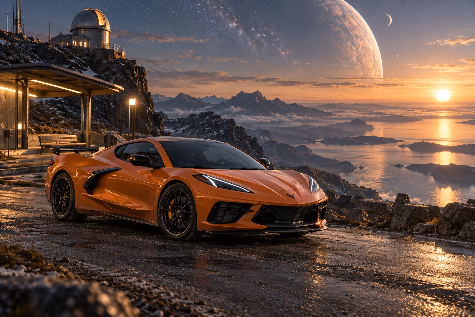 AI-generated orange mid-engine sports coupe in The Last Light. A remote stop beneath a sky full of distant light.