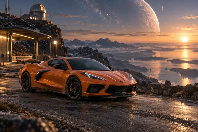 AI-generated orange mid-engine sports coupe in The Last Light. A remote stop beneath a sky full of distant light.