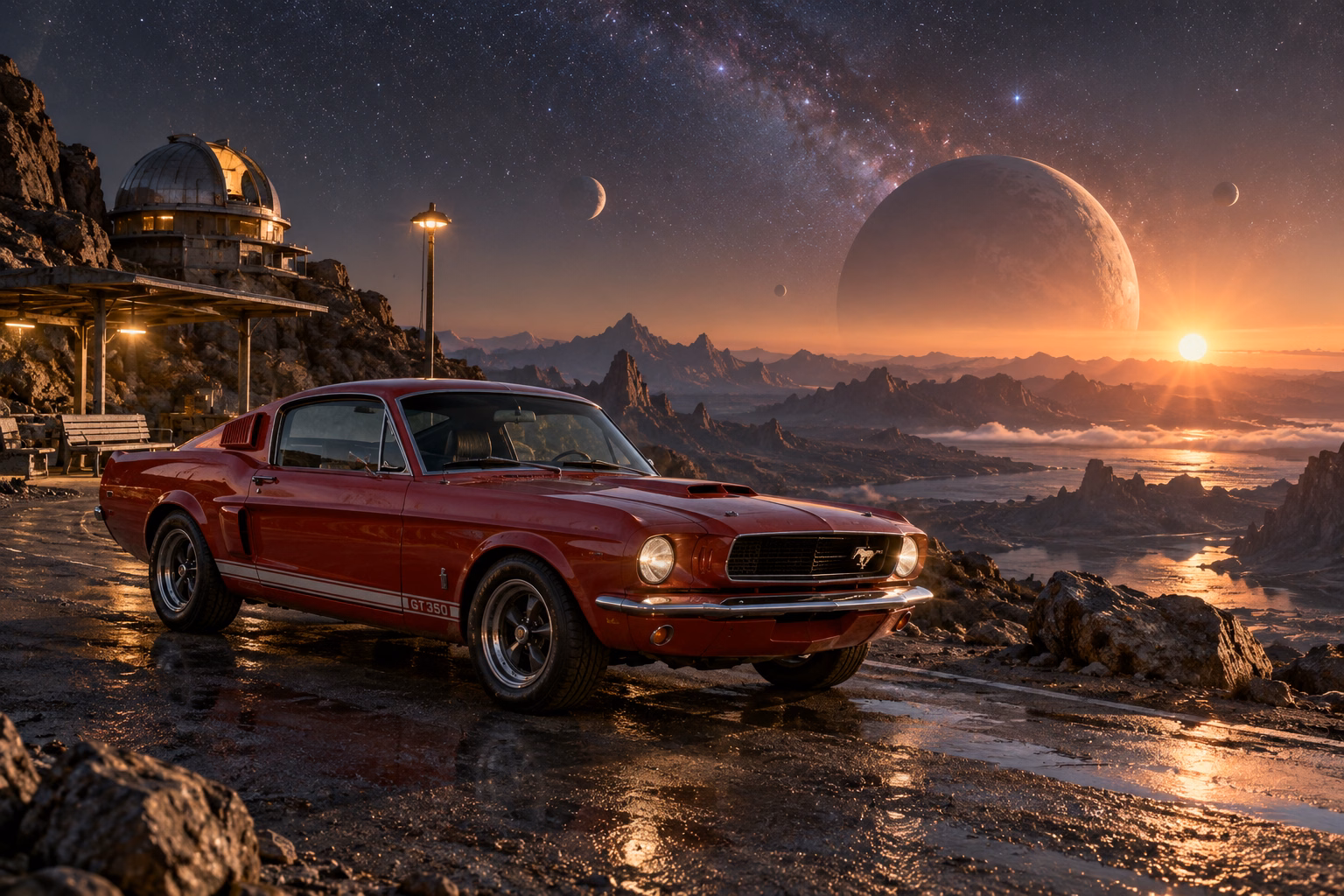 AI-generated red classic fastback in The Last Light. A remote stop beneath a sky full of distant light.