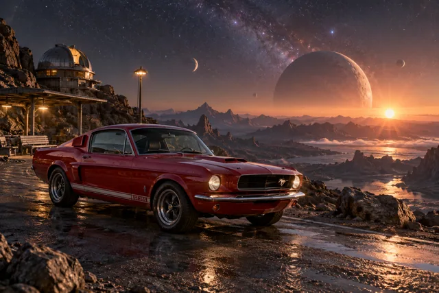 AI-generated red classic fastback in The Last Light. A remote stop beneath a sky full of distant light.