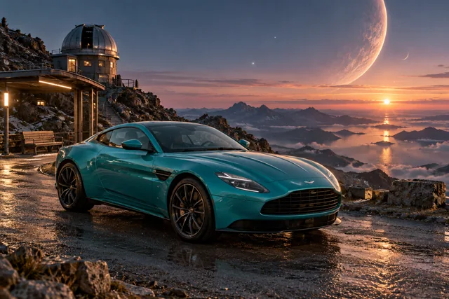 AI-generated turquoise performance touring coupe in The Last Light. A remote stop beneath a sky full of distant light.
