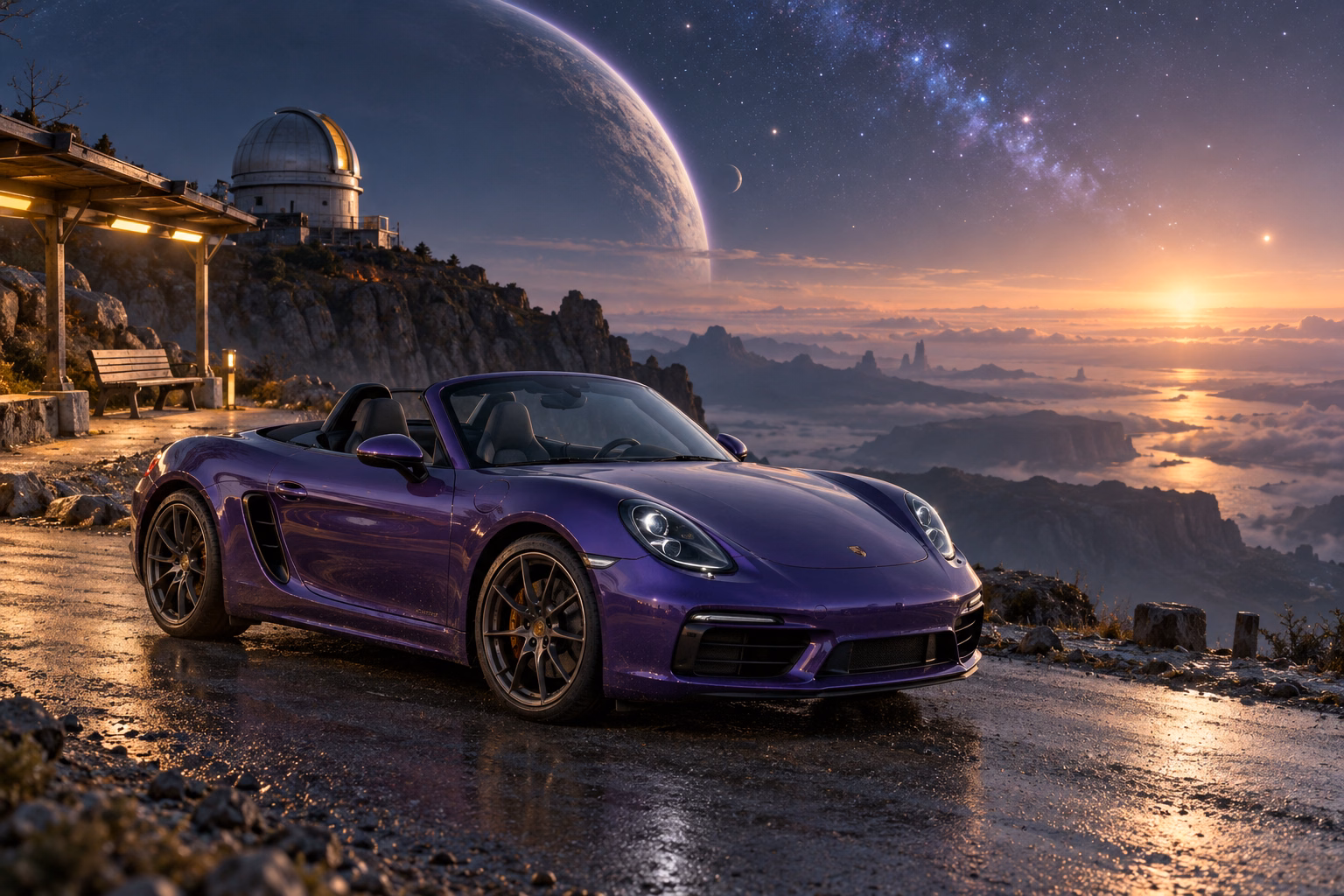 AI-generated violet open-top roadster in The Last Light. A remote stop beneath a sky full of distant light.
