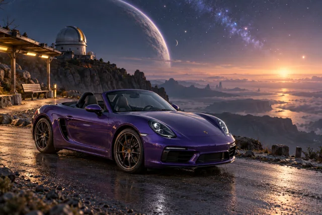 AI-generated violet open-top roadster in The Last Light. A remote stop beneath a sky full of distant light.