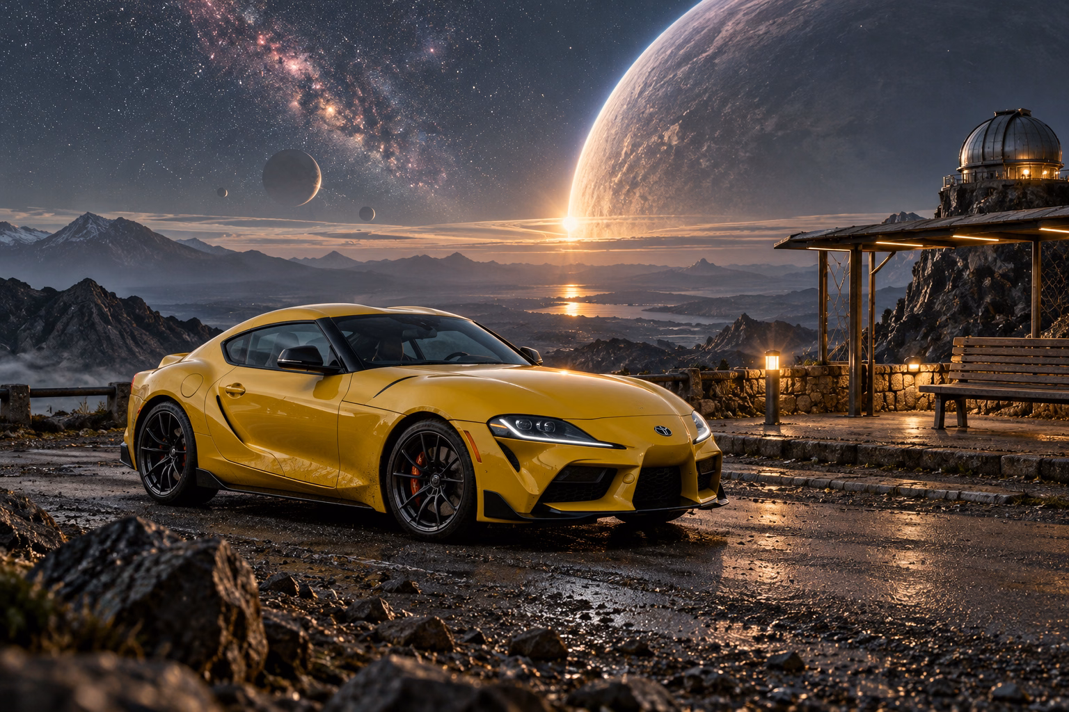 AI-generated yellow performance coupe in The Last Light. A remote stop beneath a sky full of distant light.