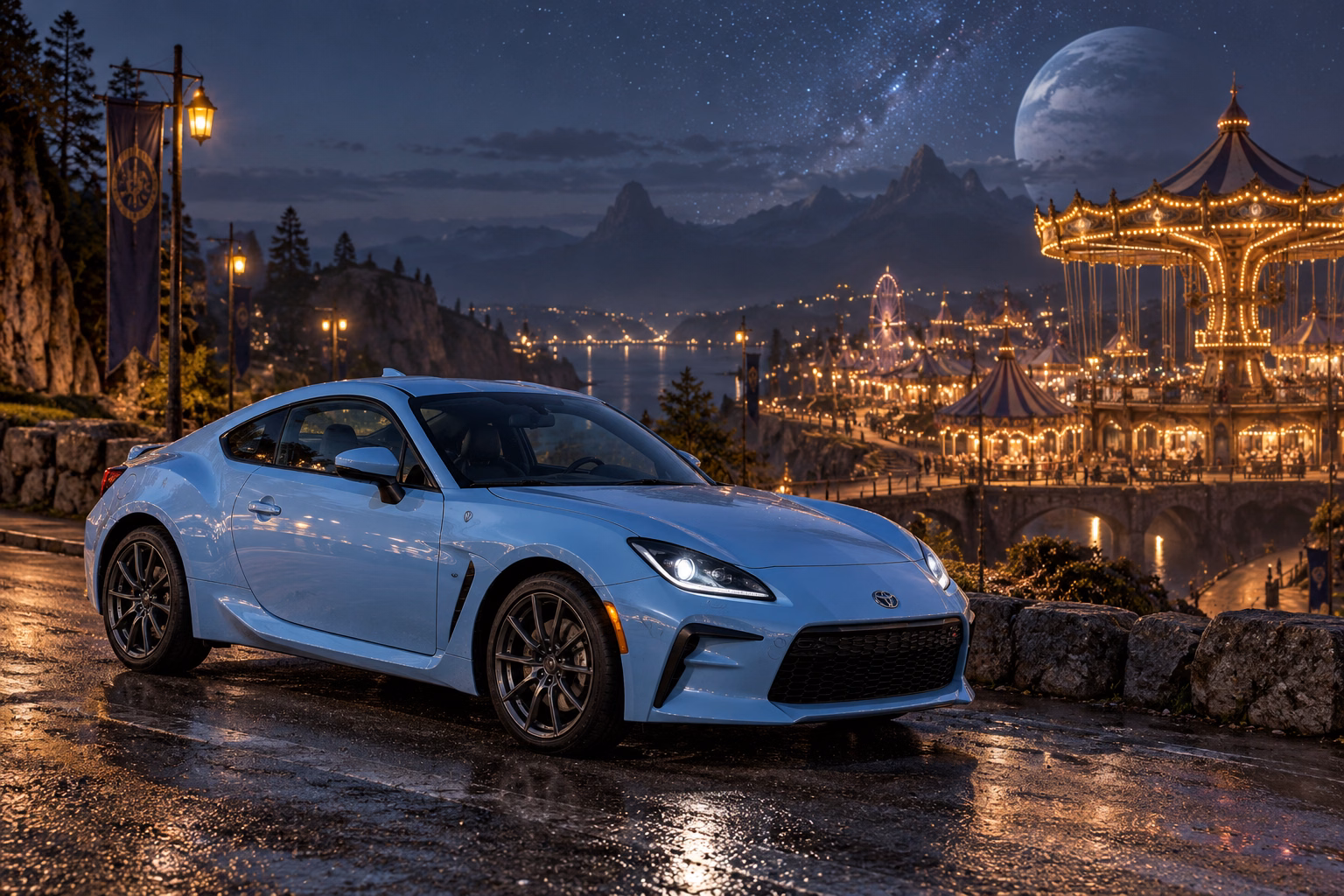 AI-generated baby blue sports coupe in The Quiet Carnival. A strange and beautiful fairground waits beneath the stars.