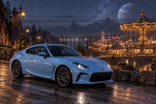 AI-generated baby blue sports coupe in The Quiet Carnival. A strange and beautiful fairground waits beneath the stars.