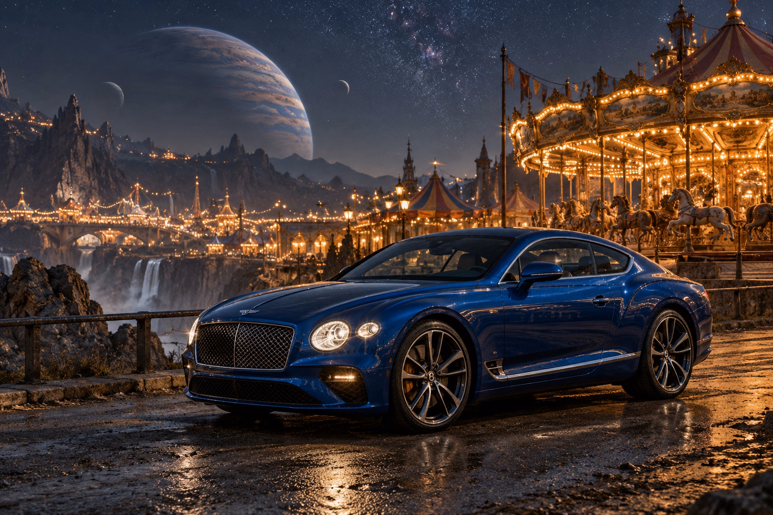 AI-generated blue grand touring coupe in The Quiet Carnival. A strange and beautiful fairground waits beneath the stars.