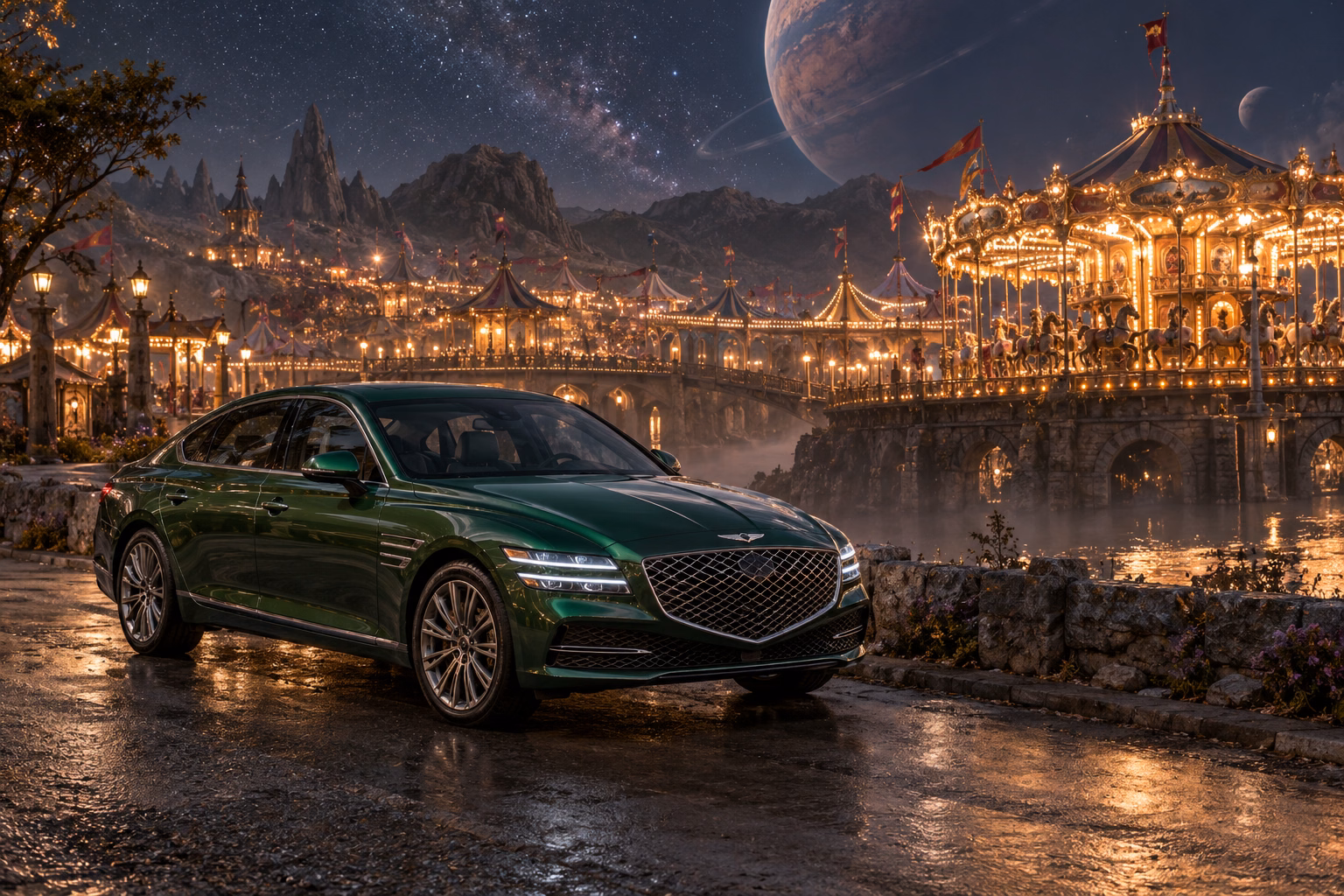 AI-generated green luxury sedan in The Quiet Carnival. A strange and beautiful fairground waits beneath the stars.