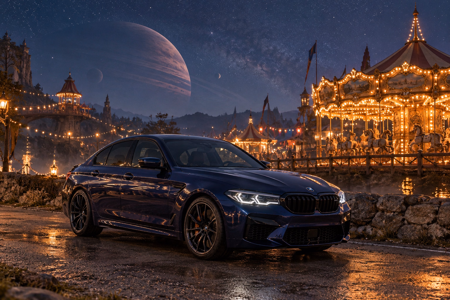 AI-generated indigo sports sedan in The Quiet Carnival. A strange and beautiful fairground waits beneath the stars.